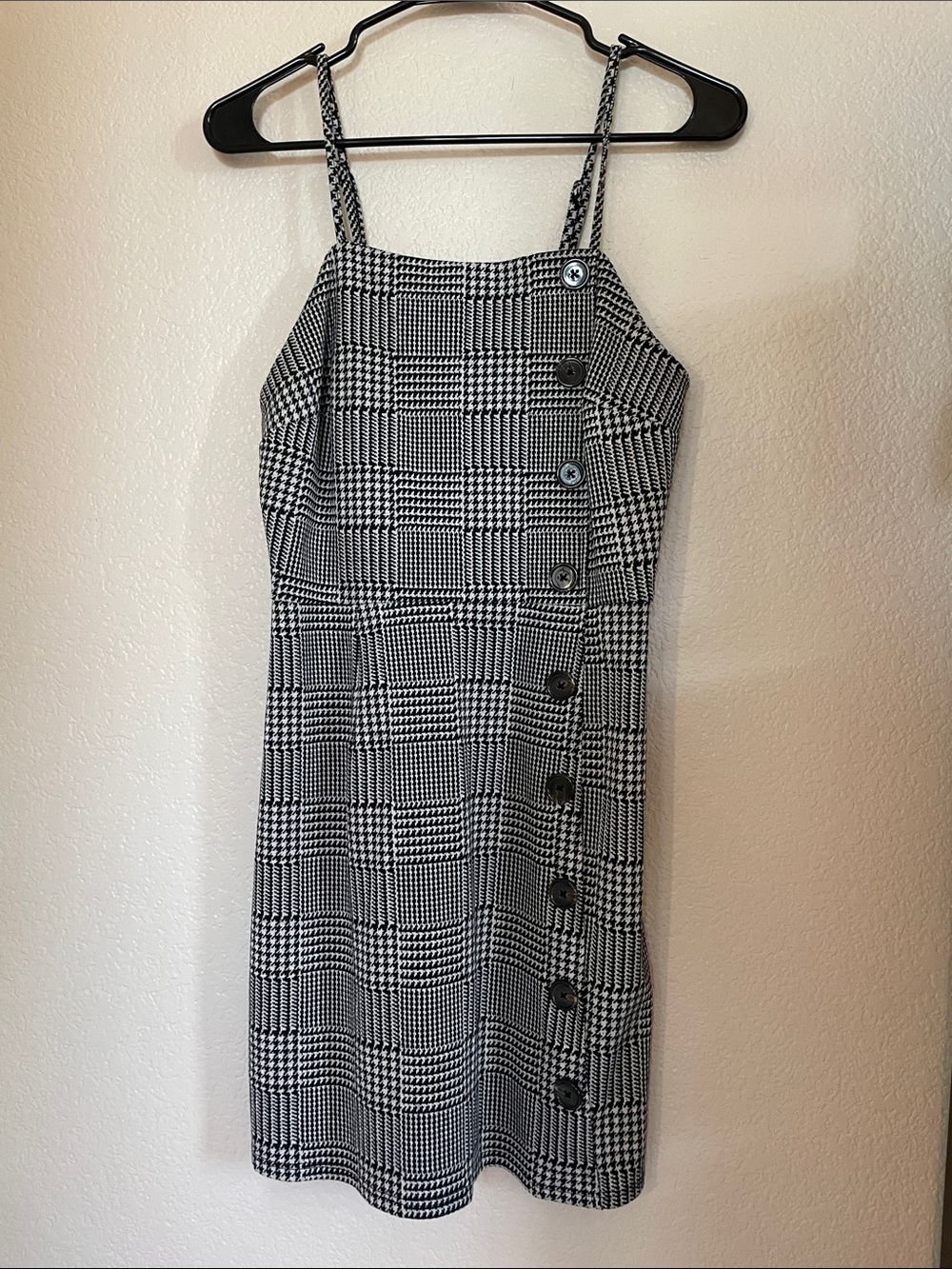 Classic Black & White Plaid Button-Front Spaghetti Strap Dress